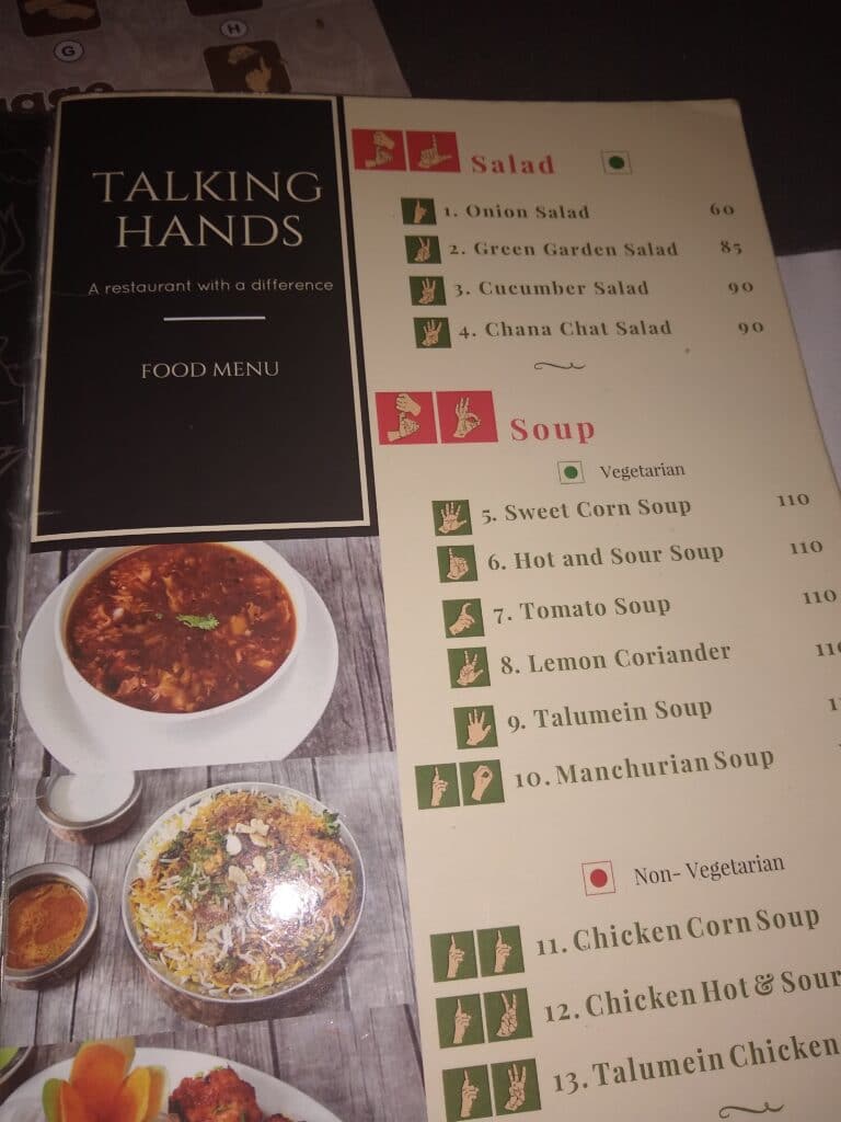 Menu of talking Hands Restaurant